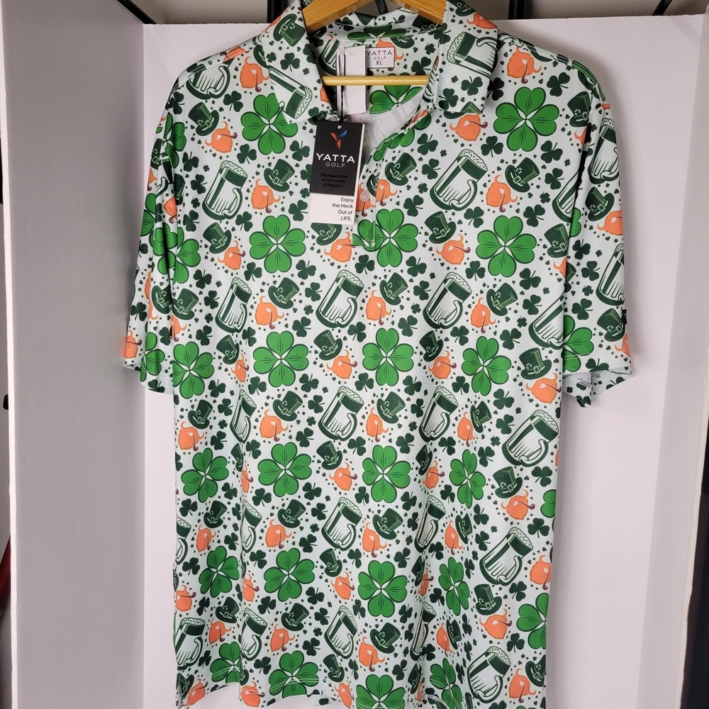 Yatta Golf Mens XL St Patricks Day Polo Shamrock Beer Green Performance NEW